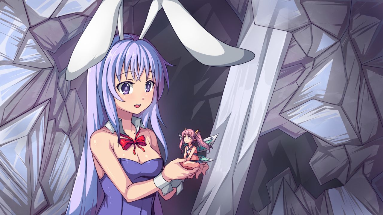 animal_ears artist_request bare_shoulders bikini_top breasts carrying cleavage detached_collar erina_(rabi-ribi) fairy fairy_wings game_cg leotard long_hair minigirl miniskirt official_art open_mouth pink_eyes pink_hair pointy_ears purple_hair rabbit_ears rabi-ribi ribbon_(rabi-ribi) sitting skirt smile twintails very_long_hair violet_eyes wings wrist_cuffs