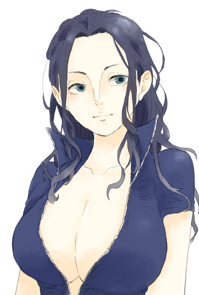 1girl black_hair blue_eyes breasts cleavage collarbone curly_hair high_collar large_breasts light_smile long_hair looking_at_viewer nico_robin one_piece short_sleeves simple_background solo unzipped upper_body vest white_background