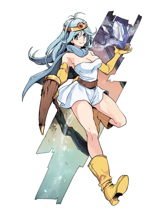 1girl artist_request blue_eyes blue_hair boots breasts cape circlet cleavage dragon_quest dragon_quest_iii elbow_gloves gloves large_breasts long_hair matching_hair/eyes sage_(dq3) smile solo staff