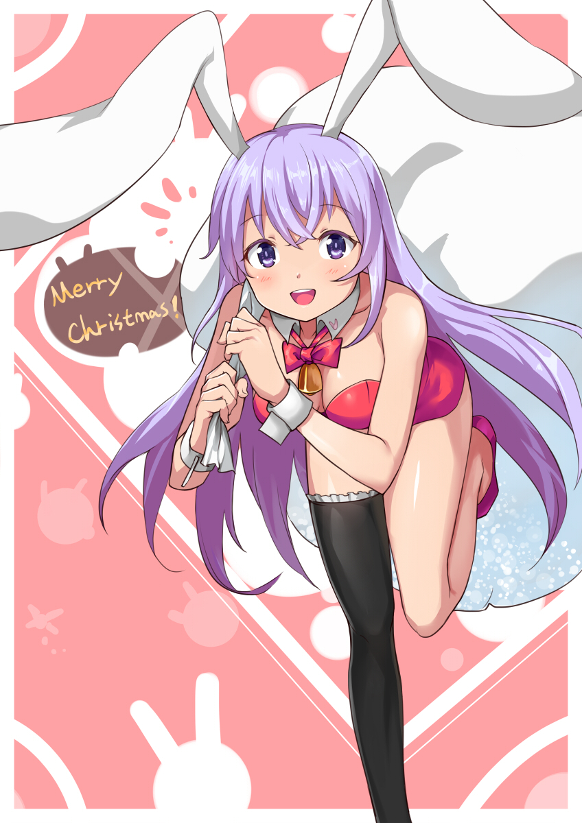 1girl animal_ears artist_request bare_legs bare_shoulders bell bent_over black_legwear breasts bunnysuit christmas cleavage detached_collar erina_(rabi-ribi) highres holding jingle_bell leaning_forward leg_lift leotard long_hair open_mouth purple_hair rabbit_ears rabi-ribi sack shoes single_thighhigh smile solo standing standing_on_one_leg thigh-highs very_long_hair violet_eyes