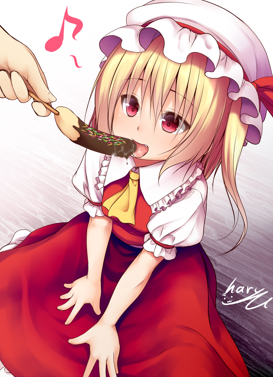 1girl artist_name bangs blonde_hair chocolate_banana dress eyebrows_visible_through_hair fang feeding flandre_scarlet food frilled_shirt_collar frilled_sleeves frills hair_between_eyes haryuu_(poetto) hat highres holding holding_food long_hair musical_note open_mouth out_of_frame quaver red_dress red_eyes sexually_suggestive short_sleeves signature sitting socks solo_focus sprinkles tongue touhou white_hat white_legwear