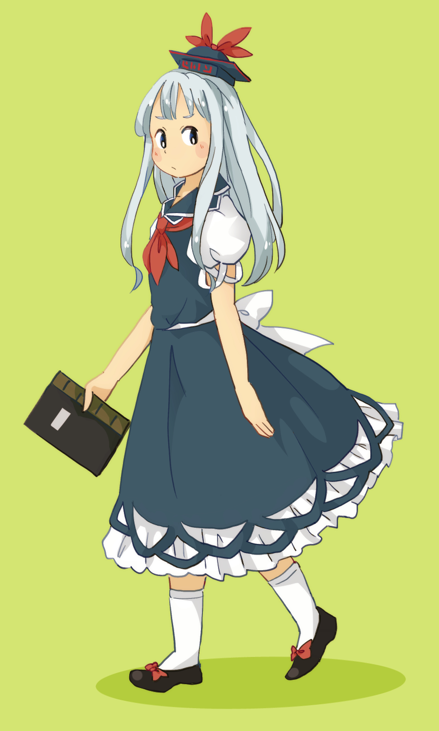1girl blue_eyes blue_hair blush_stickers bow chii-kun_(seedyoulater) collar dress eyebrows frills frown full_body green_background hat highres kamishirasawa_keine long_hair looking_to_the_side matching_hair/eyes neckerchief notebook puffy_short_sleeves puffy_sleeves shadow shoe_ribbon shoes short_sleeves simple_background socks solo tareme touhou walking