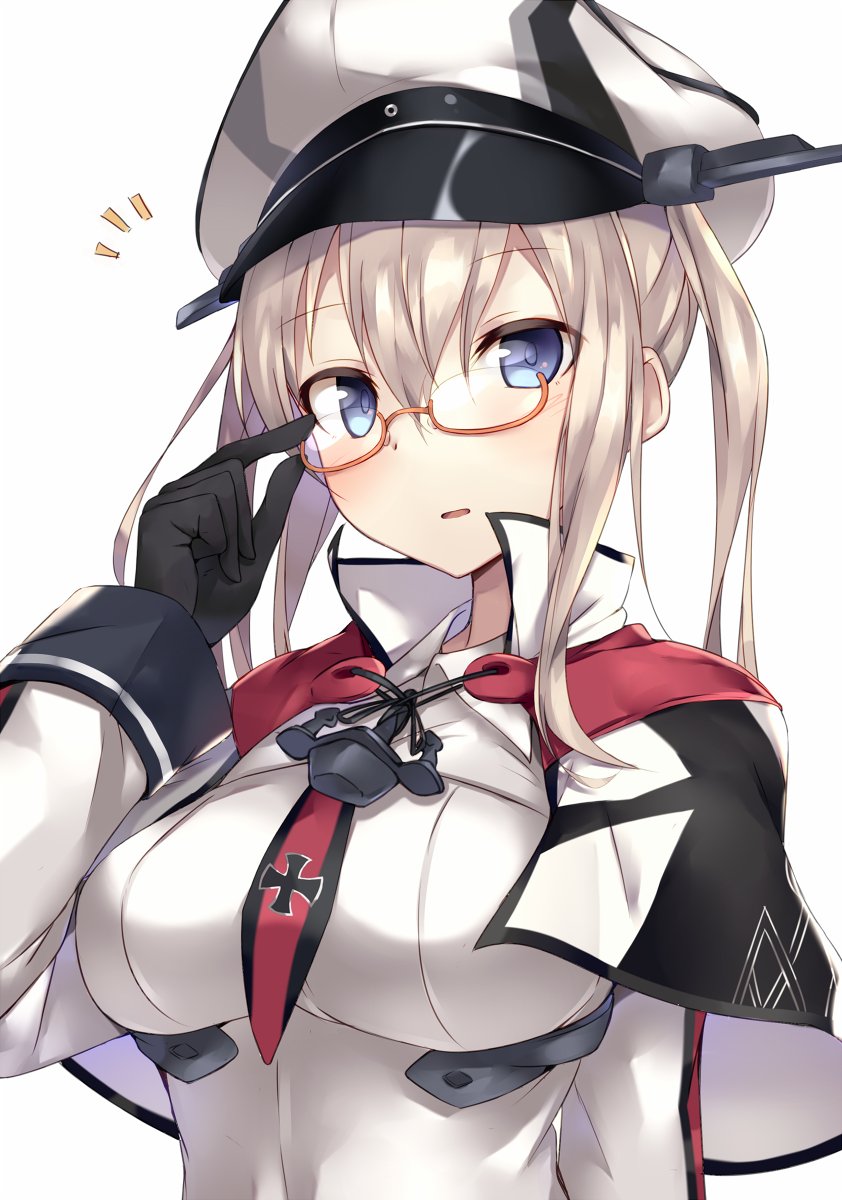 1girl adjusting_glasses anchor bangs black_gloves black_necktie blonde_hair blue_eyes blush breasts capelet collared_shirt eyebrows_visible_through_hair glasses gloves graf_zeppelin_(kantai_collection) hair_between_eyes hat highres iron_cross kantai_collection large_breasts long_hair long_sleeves looking_at_viewer metindone military_hat necktie orange-framed_eyewear parted_lips red_necktie semi-rimless_glasses shirt simple_background solo striped striped_necktie twintails upper_body white_background white_shirt