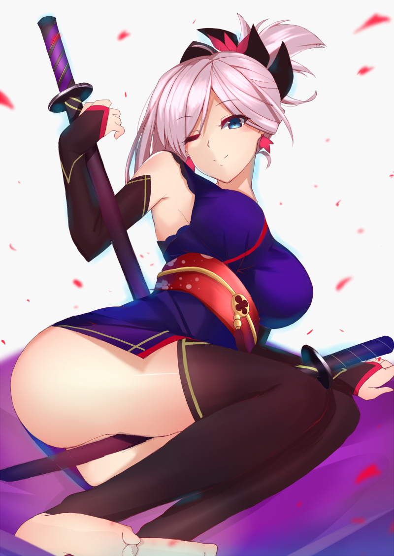 1girl armpits ass bare_shoulders black_legwear blue_eyes breasts commentary_request dual_wielding elbow_gloves fate/grand_order fate_(series) fingerless_gloves folded_ponytail gloves japanese_clothes katana kimono large_breasts looking_at_viewer miyamoto_musashi_(fate/grand_order) no_panties obi one_eye_closed ponytail saisarisu sash smile solo sword thigh-highs weapon