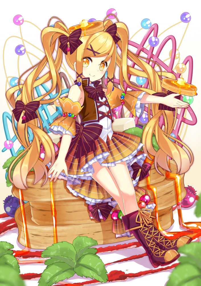 1girl blonde_hair boots bow cross-laced_footwear food food_themed_hair_ornament full_body hair_bow hair_ornament knee_boots lace-up_boots long_hair looking_at_viewer morinaga_(brand) nyori orange_skirt original pancake personification purple_boots purple_bow skirt smile solo stack_of_pancakes striped striped_bow twintails yellow_eyes