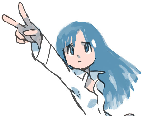 1girl blue_eyes blue_hair breasts character_request closed_mouth collared_shirt commentary_request copyright_request frown long_hair long_sleeves matching_hair/eyes popped_collar shirt simple_background small_breasts solo sugimori_ken upper_body v white_background white_shirt