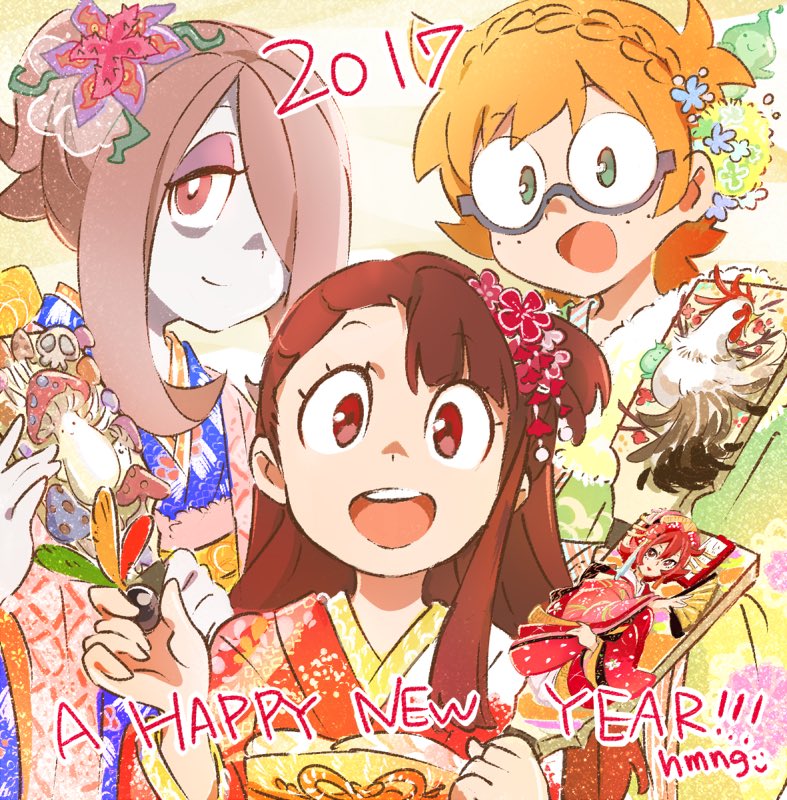 2017 3girls akko_kagari alternate_hairstyle artist_request bird chicken flower glasses hagoita hair_flower hair_ornament hair_over_one_eye japanese_clothes kimono little_witch_academia lotte_yanson multiple_girls mushroom new_year open_mouth paddle shiny_chariot smile sucy_manbabalan year_of_the_rooster