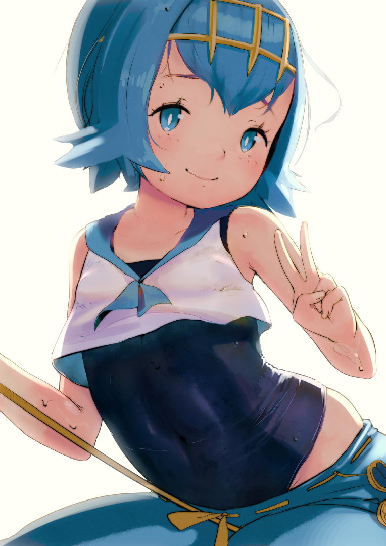 1girl blue_eyes blue_hair covered_navel crop_top hairband hideousbeing looking_at_viewer matching_hair/eyes one-piece_swimsuit pants pokemon pokemon_(game) pokemon_sm school_swimsuit short_hair simple_background sleeveless smile solo suiren_(pokemon) swimsuit trial_captain v white_background