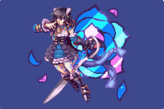 1girl abysswolf black_hair bloodstained:_ritual_of_the_night blue_background blue_eyes boots brown_hair crossed_bangs detached_sleeves dress finger_to_cheek flower_(symbol) frilled_dress frills gauntlets horns knee_boots miriam_(bloodstained) multicolored_hair pixel_art short_hair sword weapon
