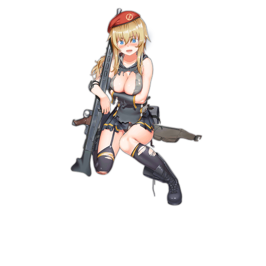 1girl artist_request asymmetrical_legwear beret blonde_hair blue_eyes braid breast_hold breasts cleavage embarrassed fingerless_gloves garter_straps girls_frontline gloves gun hat large_breasts long_hair looking_at_viewer machine_gun mg3 mg3_(girls_frontline) official_art pleated_skirt shirt single_thighhigh skirt solo thigh-highs torn_clothes torn_shirt torn_skirt transparent_background trigger_discipline weapon