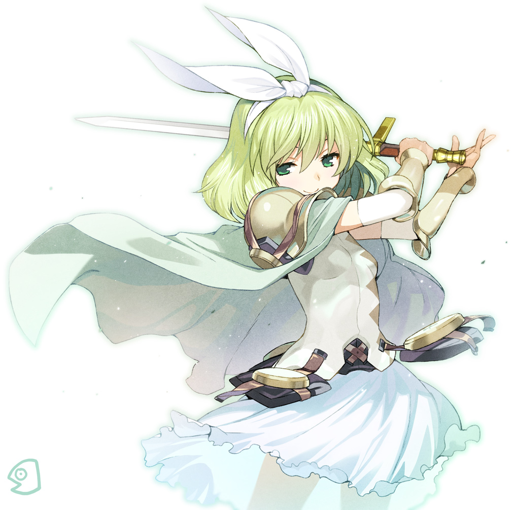 alice_soft artist_request cape green_eyes green_hair hair_ribbon rance_(series) rance_ix ribbon short_hair smile sword tillday_shape weapon