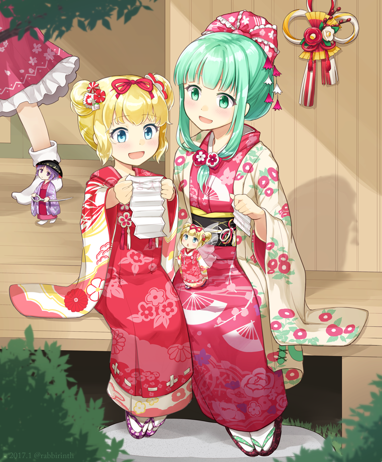 4girls alternate_hairstyle alternate_headwear aqua_eyes blonde_hair bowl bowl_hat commentary_request dated doll fairy_wings floral_print green_eyes green_hair hair_up hakurei_reimu hat japanese_clothes kagiyama_hina kimono medicine_melancholy mito_tsubaki multiple_girls needle new_year omikuji open_mouth paper purple_hair sandals short_hair smile socks su-san sukuna_shinmyoumaru touhou twitter_username violet_eyes wings