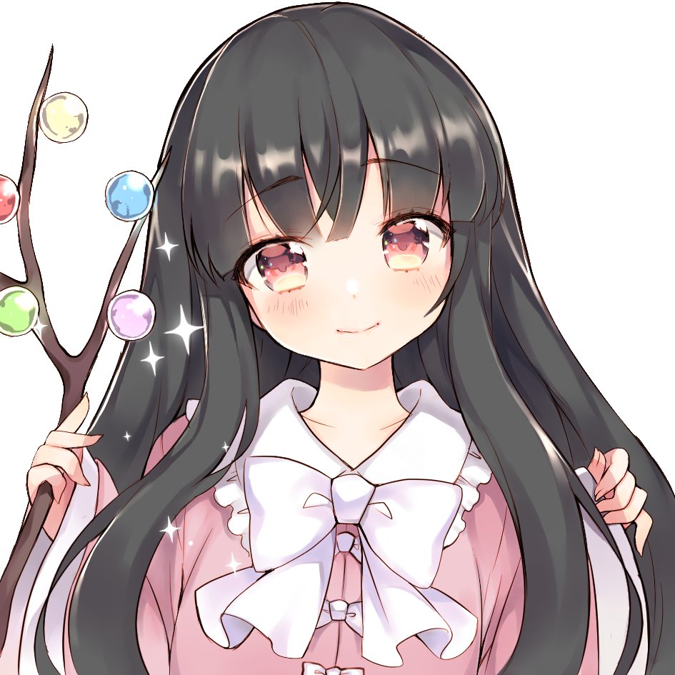 1girl black_hair blush branch dress houraisan_kaguya jeweled_branch_of_hourai long_hair looking_at_viewer mugicha0929 pink_clothes pink_dress portrait smile solo sparkle touhou wide_sleeves