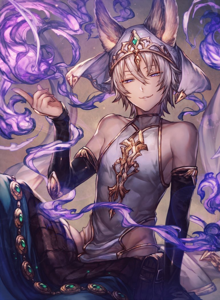 1boy :3 animal_ears blue_eyes detached_sleeves erun_(granblue_fantasy) granblue_fantasy halterneck male_focus shigaraki_(strobe_blue) sleeveless smile solo white_hair xiao_(granblue_fantasy)