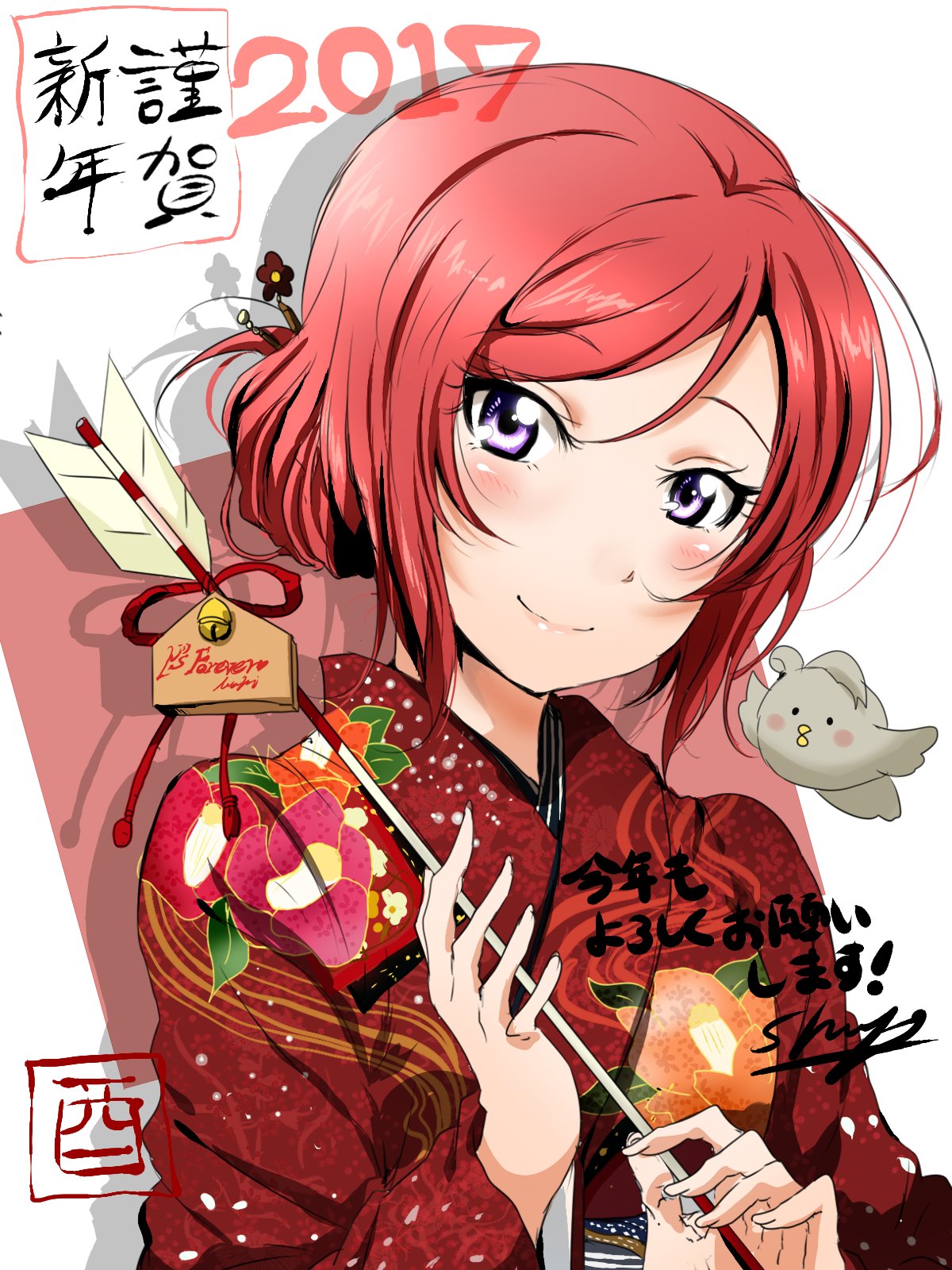 1girl 2017 arrow hair_ornament highres japanese_clothes kimono love_live! minami_kotori_(bird) new_year nishikino_maki redhead shogo_(4274732) smile solo violet_eyes