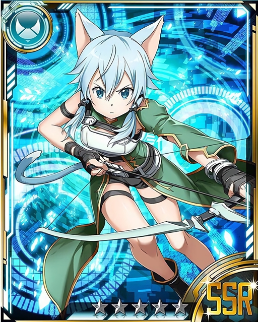 1girl animal_ears arrow black_shoes black_shorts blue_eyes blue_hair bow_(weapon) breastplate card_(medium) cat_ears cat_tail hair_between_eyes hair_ribbon holding holding_weapon looking_at_viewer matching_hair/eyes ribbon shinon_(sao-alo) shoes short_hair_with_long_locks short_shorts shorts solo star sword_art_online tail thigh_strap weapon