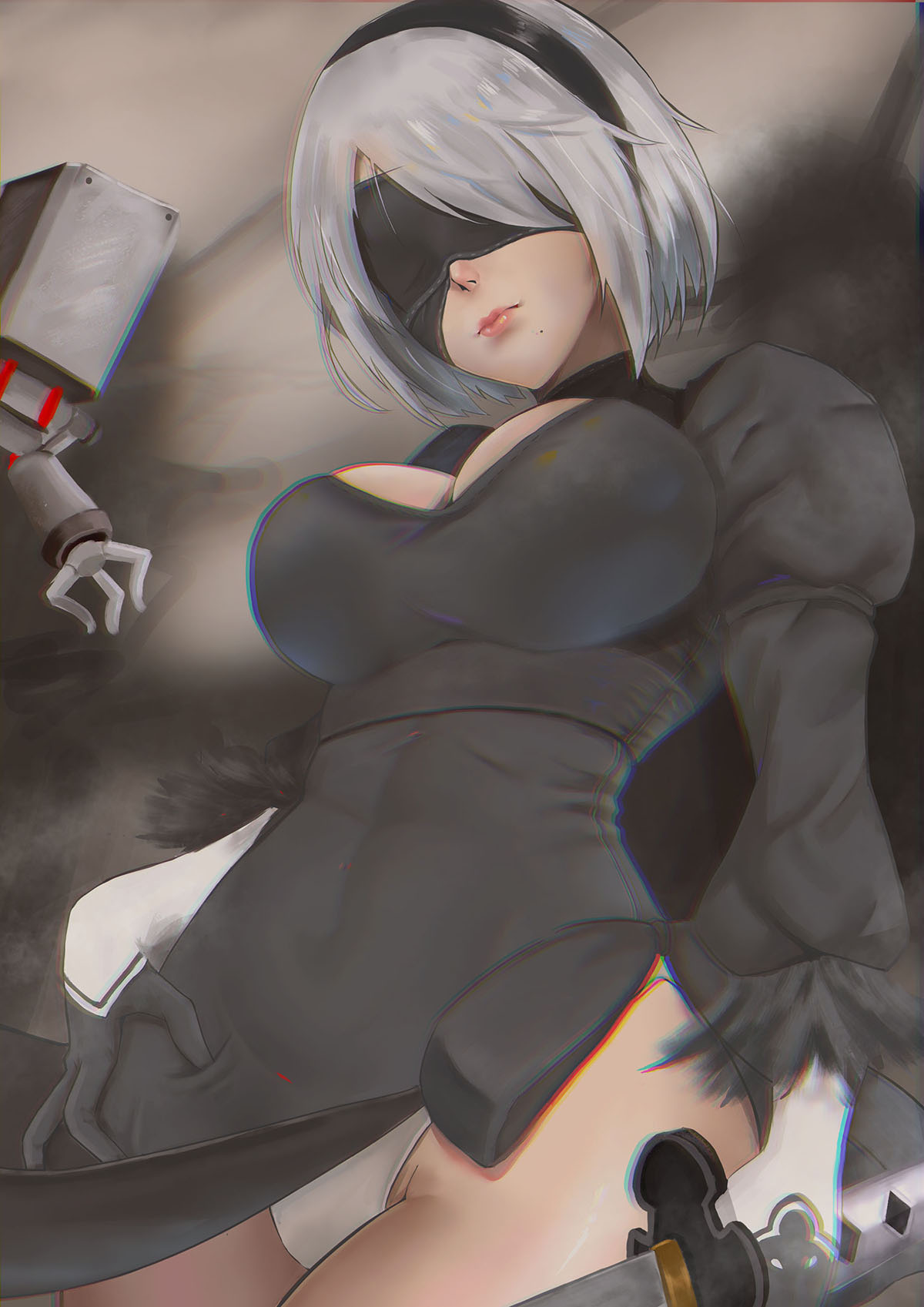 1girl android black_dress black_hairband blindfold breasts chromatic_aberration cleavage cleavage_cutout closed_mouth covered_eyes covered_navel cowboy_shot dress drone gloves groin hair_over_eyes hairband highleg highleg_leotard highres holding holding_sword holding_weapon juliet_sleeves large_breasts legs_together leotard lips long_sleeves machinery mole mole_under_mouth nier_(series) nier_automata pink_lips pod_(nier_automata) puffy_sleeves robot short_hair side_slit silver_hair solo sword turtleneck vambraces weapon white_leotard yorha_unit_no._2_type_b