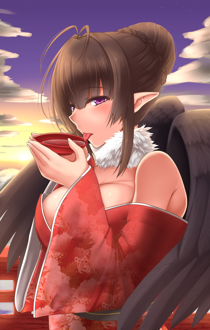 1girl alcohol antenna_hair bangs bare_shoulders black_wings blush braid breasts brown_hair cleavage cup eyebrows_visible_through_hair feathered_wings floral_print from_side japanese_clothes kimono large_breasts looking_to_the_side obi off_shoulder original pointy_ears sakazuki sake sash short_hair shuugetsu_karasu solo tongue tongue_out upper_body violet_eyes wings
