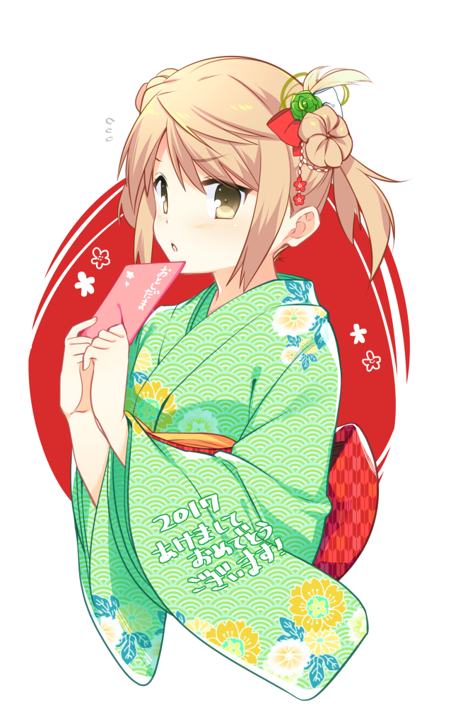 &gt;:o 1girl 2017 :o blonde_hair blush brown_hair double_bun envelope floral_print flower hair_bun hair_flower hair_ornament holding_paper japanese_clothes kantai_collection kimono looking_at_viewer michishio_(kantai_collection) new_year open_mouth otoshidama print_kimono shirogane_rio_(artist) short_twintails simple_background solo text translated twintails white_background yellow_eyes