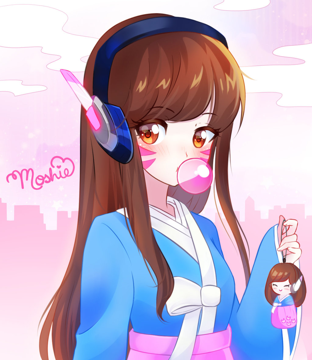 1girl artist_name bangs blush breasts brown_eyes brown_hair bubblegum character_doll cityscape clouds commentary d.va_(overwatch) facepaint facial_mark headphones holding korean_clothes long_hair long_sleeves looking_at_viewer moshie ornament outdoors overwatch pink_sky signature skyline small_breasts solo swept_bangs traditional_clothes upper_body whisker_markings