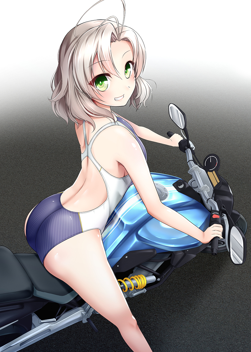 1girl 8000 ahoge ass competition_swimsuit gradient gradient_background green_eyes grin ground_vehicle kantai_collection kinugasa_(kantai_collection) looking_at_viewer motor_vehicle motorcycle one-piece_swimsuit riding short_hair silver_hair smile solo swimsuit