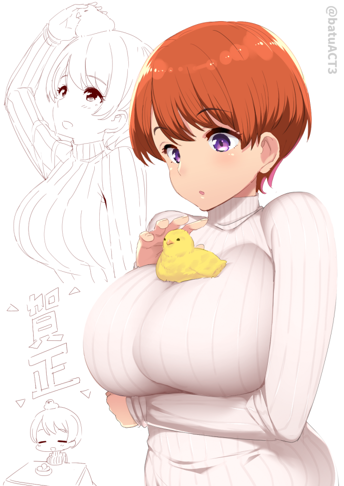 1girl animal animal_on_chest animal_on_head batsu bird blush breast_shelf breasts chick kotatsu large_breasts long_sleeves orange_hair original ribbed_sweater short_hair simple_background smile solo sweater table turtleneck violet_eyes white_background