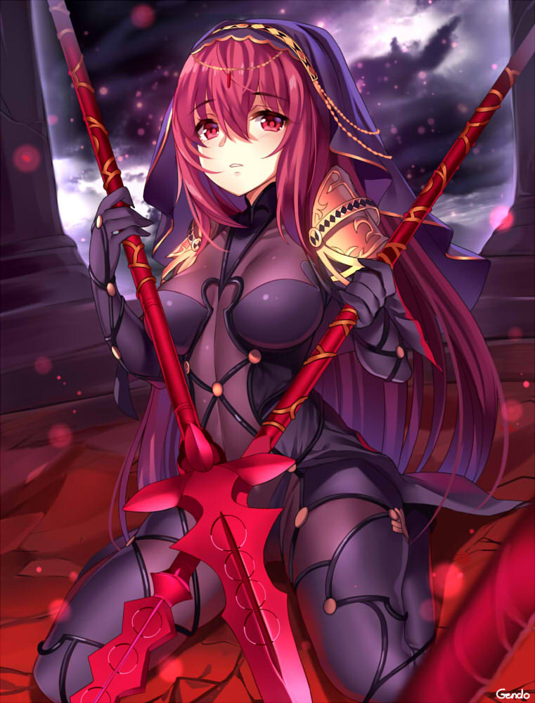 1girl artist_name blush bodysuit breasts circlet clouds column dual_wielding eyebrows_visible_through_hair fate/grand_order fate_(series) gae_bolg gendo0033 hair_between_eyes holding holding_weapon impossible_bodysuit impossible_clothes kneeling light_particles long_hair looking_at_viewer medium_breasts on_ground parted_lips pillar purple_bodysuit purple_hair red_eyes scathach_(fate/grand_order) shoulder_pads skin_tight solo veil very_long_hair weapon