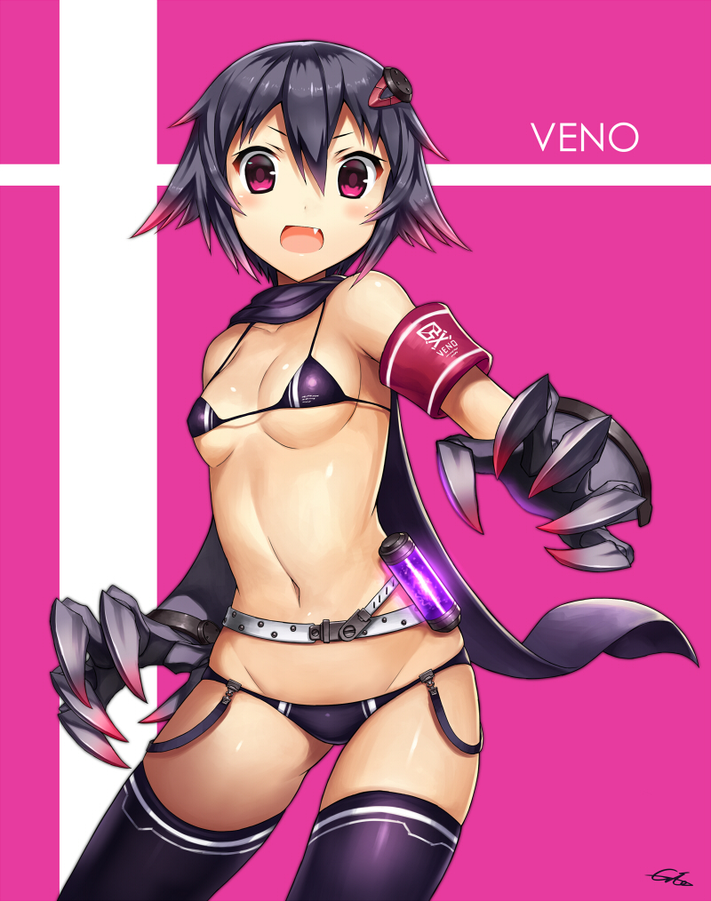 1girl armband bikini black_hair blush breasts claws fang gia looking_at_viewer open_mouth original short_hair solo swimsuit thigh-highs violet_eyes