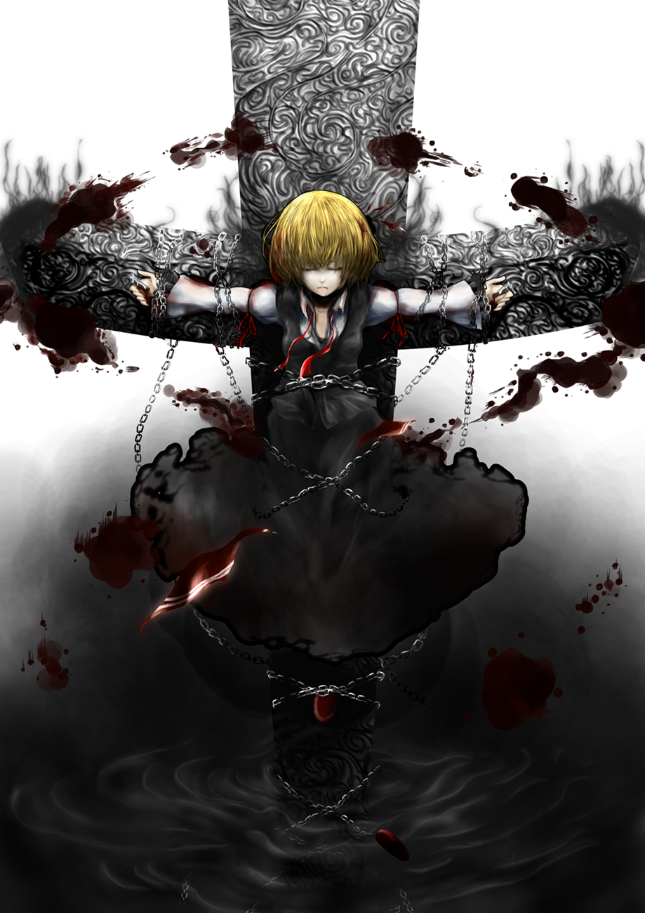 1girl amaseu_(be_bunny) black_skirt black_vest blonde_hair chains closed_eyes cross crucifixion darkness full_body highres juliet_sleeves long_sleeves outstretched_arms pale_skin puffy_sleeves red_ribbon restrained ribbon rumia short_hair skirt skirt_set solo spread_arms touhou vest