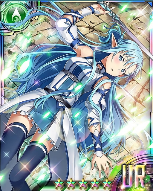 1girl armpits asuna_(sao-alo) blue_eyes blue_hair blue_legwear card_(medium) detached_sleeves holding holding_sword holding_weapon long_hair looking_at_viewer lying matching_hair/eyes on_back pointy_ears solo sword sword_art_online thigh-highs weapon zettai_ryouiki
