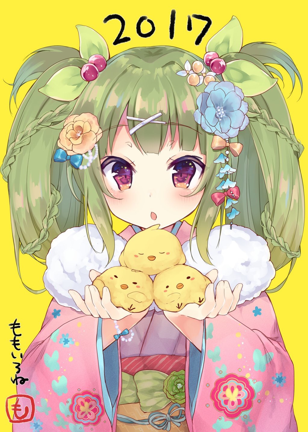 1girl 2017 bird chicken commentary_request floral_print flower furisode green_hair hair_flower hair_ornament hairclip highres irone_(miyamiya38) japanese_clothes kanzashi kimono looking_at_viewer new_year obi open_mouth original sash solo twintails violet_eyes wide_sleeves yellow_background