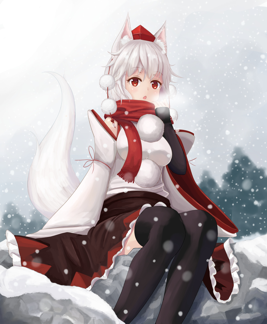 1girl animal_ears black_legwear chestnut_mouth detached_sleeves hat inubashiri_momiji outdoors pom_pom_(clothes) red_eyes red_scarf rock scarf sitting skirt snow snowing solo tail thigh-highs tokin_hat touhou white_hair wolf_ears wolf_tail yukitourou
