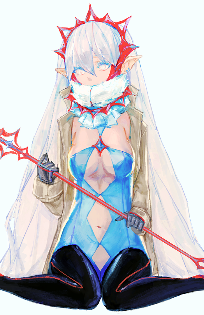 black_gloves black_legwear blue_eyes breasts cleavage crown gloves holding holding_weapon labombardier! long_hair navel original pointy_ears silver_hair simple_background sitting thigh-highs very_long_hair wariza weapon white_background yellow_eyes