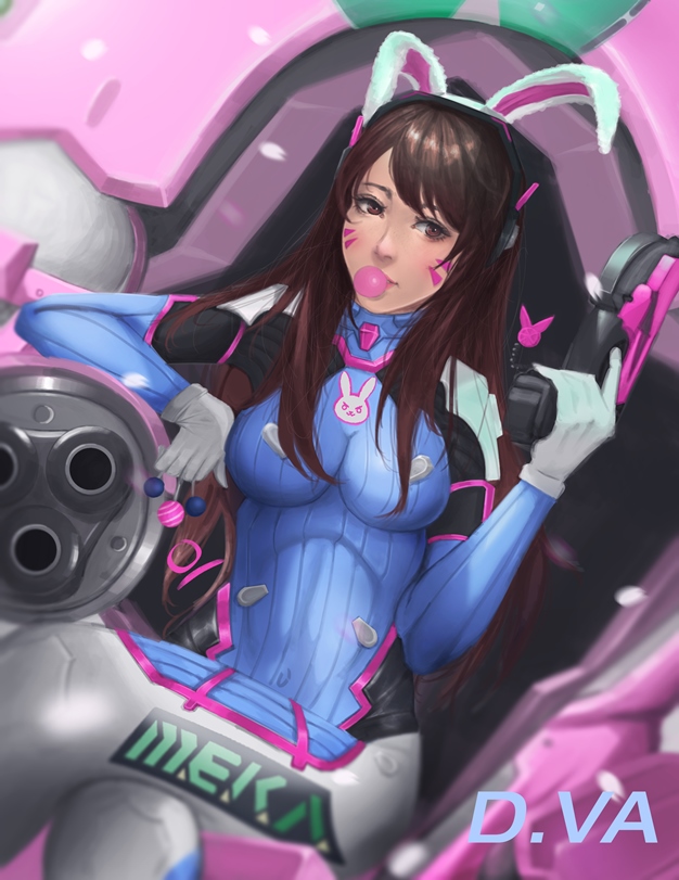 1girl acronym animal_ears arm_cannon bangs blue_bodysuit bodysuit boots bracer breasts brown_eyes brown_hair bubble_blowing bubblegum candy character_name charm_(object) covered_navel d.va_(overwatch) eyelashes facepaint facial_mark fake_animal_ears food gatling_gun gloves gum gun hand_up headphones legs_crossed legs_together lollipop long_hair long_sleeves mecha medium_breasts meka_(overwatch) oct_gozali overwatch pauldrons pilot_suit rabbit_ears ribbed_bodysuit shoulder_pads sitting skin_tight smile solo thigh-highs thigh_boots thigh_strap turtleneck weapon whisker_markings white_boots white_gloves
