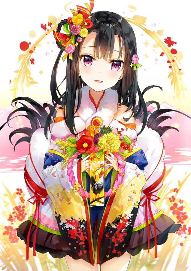 1girl bangs bare_shoulders black_hair black_skirt braid brown_skirt cowboy_shot eyebrows_visible_through_hair floral_print flower fur_collar fuumi_(radial_engine) hair_flower hair_ornament hands_up happy_new_year japanese_clothes kimono kimono_skirt layered_skirt light_smile long_hair looking_at_viewer nengajou new_year original parted_lips pink_flower red_flower red_ribbon ribbon skirt smile violet_eyes wide_sleeves year_of_the_rooster yellow_flower yellow_ribbon