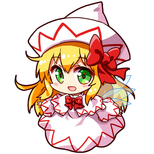 1girl :d blonde_hair blush_stickers bow bowtie capelet chibi dress eyebrows_visible_through_hair fairy fairy_wings full_body green_eyes hair_bow hat lily_white long_hair looking_at_viewer lowres open_mouth red_bow red_bowtie renren_(ah_renren) simple_background smile solo touhou white_background white_dress white_hat wide_sleeves wings