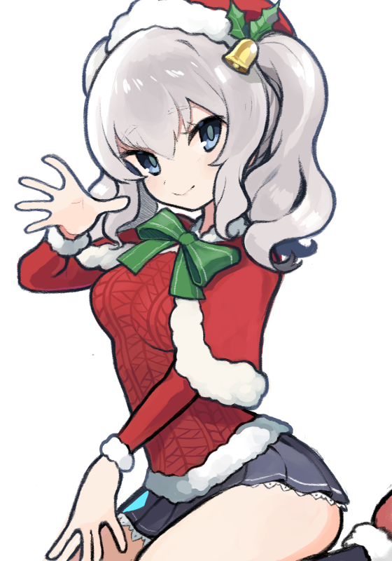 1girl bell blue_eyes bow bowtie capelet christmas christmas_sweater green_bow green_bowtie hat hexed jingle_bell kantai_collection kashima_(kantai_collection) kneeling looking_at_viewer miniskirt mistletoe santa_hat silver_hair skirt solo sweater twintails white_background