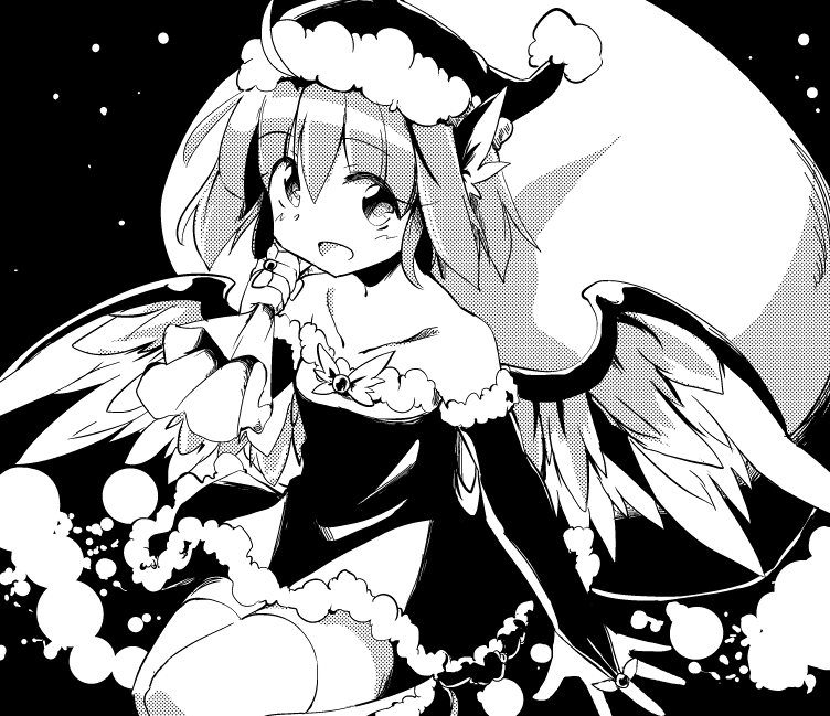 1girl alternate_costume alternate_headwear animal_ears bare_shoulders bird_wings collarbone commentary_request dress elbow_gloves gloves greyscale hat looking_at_viewer moja_(moja4192) monochrome mystia_lorelei open_mouth partly_fingerless_gloves sack santa_hat solo thigh-highs touhou wings