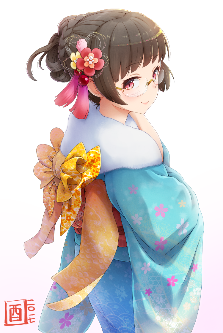 1girl alternate_costume alternate_hairstyle bangs black_hair blunt_bangs choukai_(kantai_collection) commentary_request floral_print flower from_behind glasses hair_flower hair_ornament japanese_clothes kantai_collection kimono looking_at_viewer obi red_eyes sash signature simple_background smile solo tomamatto transparent_background wide_sleeves yukata