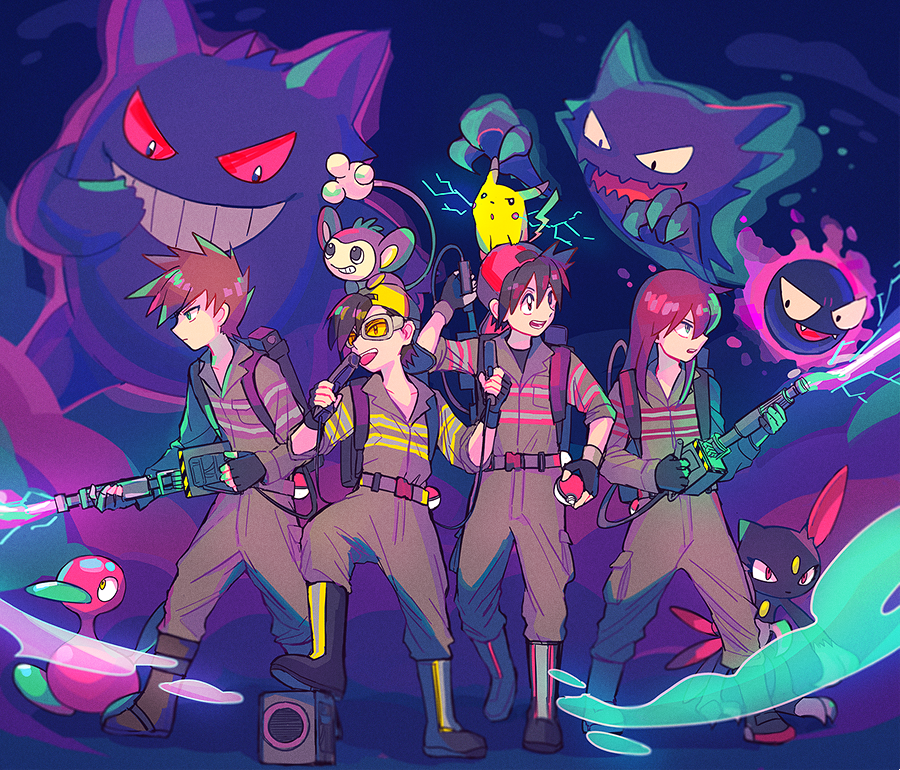 4boys aipom baseball_cap black_hair brown_hair funoito gastly gengar ghostbusters goggles gold_(pokemon) green_eyes hat haunter jumpsuit long_hair male_focus multiple_boys ookido_green parody pikachu pokemon pokemon_special porygon2 proton_pack red_(pokemon) redhead silver_(pokemon) weavile