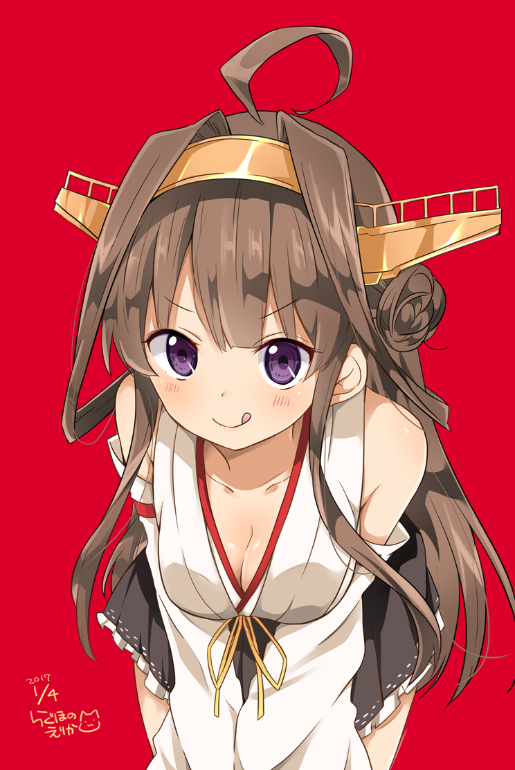 &gt;:p 1girl 2017 :p ahoge bare_shoulders blush breasts brown_hair cleavage collarbone dated detached_sleeves double_bun hairband headgear japanese_clothes kantai_collection kongou_(kantai_collection) large_breasts leaning_forward long_hair looking_at_viewer nontraditional_miko open_mouth ragho_no_erika red_background smile solo standing tongue tongue_out v_arms violet_eyes