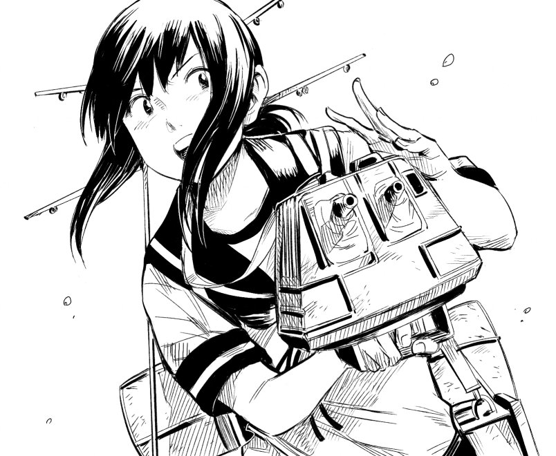 1girl aiming_at_viewer commentary fubuki_(kantai_collection) hiro_(chumo) holding holding_weapon kantai_collection looking_to_the_side monochrome open_mouth rigging school_uniform serafuku short_sleeves sidelocks solo turret upper_body water_drop weapon white_background