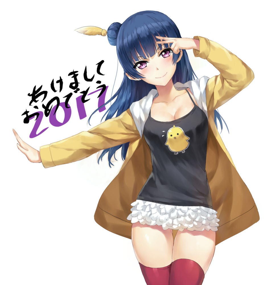 &gt;:) 1girl 2017 akeome animal_print arm_up bangs blue_hair blunt_bangs blush breasts casual chick_print cleavage closed_mouth collarbone cowboy_shot eyebrows_visible_through_hair feathers hair_bun hair_feathers hand_gesture jacket long_hair love_live! love_live!_sunshine!! medium_breasts new_year open_clothes open_jacket outstretched_arm print_shirt shirt short_shorts shorts sleeveless smile spaghetti_strap standing tank_top thigh-highs thigh_gap tonee translated tsushima_yoshiko v violet_eyes white_shorts year_of_the_rooster yellow_jacket
