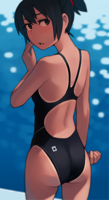 1girl ass black_hair black_swimsuit blue_eyes competition_swimsuit cowboy_shot from_behind looking_at_viewer lvi one-piece_swimsuit one-piece_tan open_mouth original ponytail short_hair short_ponytail solo standing swimsuit tan tanline