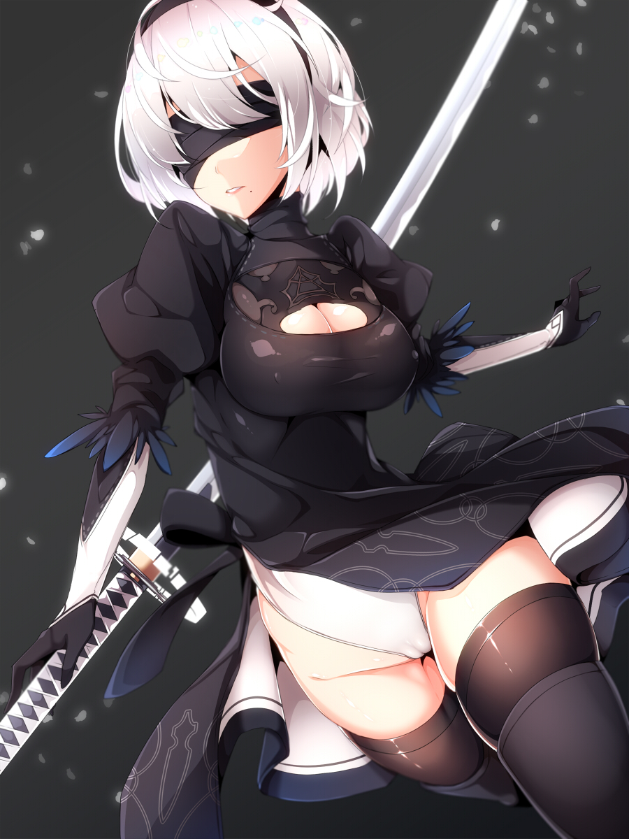 1girl android black_boots black_dress black_gloves black_hairband black_legwear black_ribbon blindfold boots breasts cleavage cleavage_cutout covered_eyes cowboy_shot dress erect_nipples gloves groin hair_over_one_eye hairband hand_up highleg highleg_leotard highres holding holding_sword holding_weapon juliet_sleeves katana large_breasts legs_together leotard lips long_sleeves mole mole_under_mouth nier_(series) nier_automata parted_lips puffy_sleeves ribbon ripe.c short_hair side_slit silver_hair solo sword thigh-highs thigh_boots turtleneck vambraces weapon weapon_on_back white_leotard yorha_unit_no._2_type_b