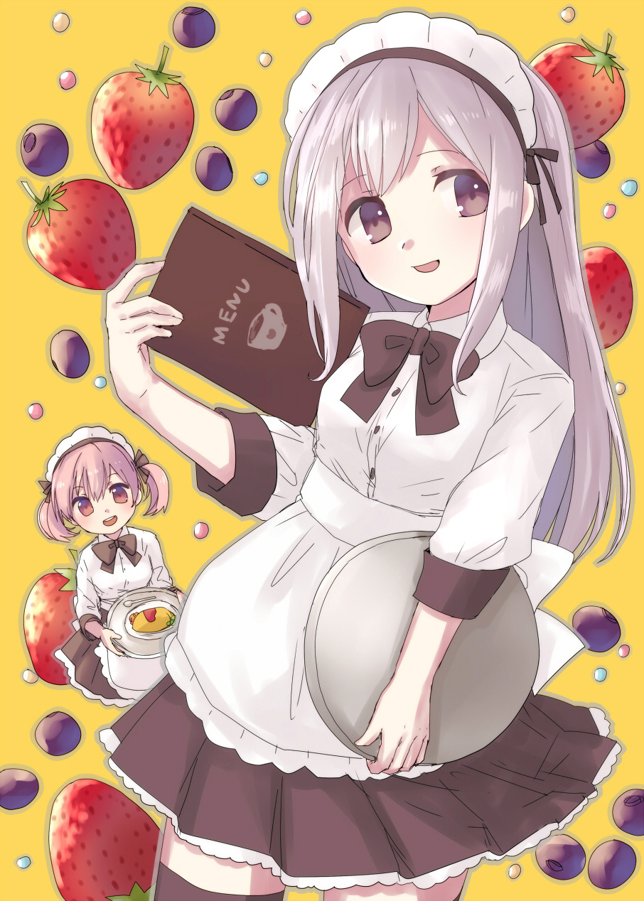 2girls :d anyaaki apron blueberry bow bowtie breasts cowboy_shot food fruit highres long_sleeves looking_at_viewer maid maid_headdress medium_breasts menu multiple_girls omurice open_mouth original pink_hair purple_hair short_twintails silver_hair simple_background skirt smile strawberry thigh-highs tray twintails violet_eyes waitress yellow_background