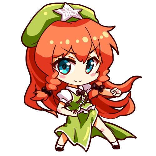 &gt;:) 1girl beret black_bow black_bowtie blue_eyes blush_stickers bow bowtie braid chibi full_body green_hat green_skirt green_vest hair_bow hair_ribbon hat hong_meiling long_hair looking_at_viewer lowres orange_hair puffy_short_sleeves puffy_sleeves renren_(ah_renren) ribbon short_sleeves side_slit skirt smile solo star touhou tress_ribbon twin_braids vest