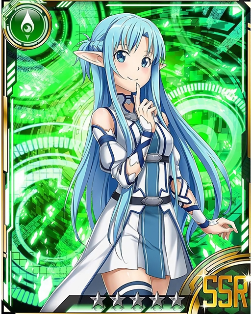 1girl asuna_(sao-alo) blue_eyes blue_hair blue_legwear card_(medium) detached_sleeves finger_to_mouth index_finger_raised long_hair looking_at_viewer matching_hair/eyes pointy_ears smile solo star sword_art_online thigh-highs