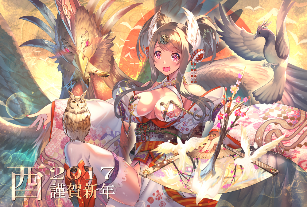1girl 2017 :d aguy bare_shoulders bird blonde_hair branch fan flower flying head_wings japanese_clothes obi open_mouth original owl phoenix red_eyes sash side_slit smile twintails wide_sleeves wings