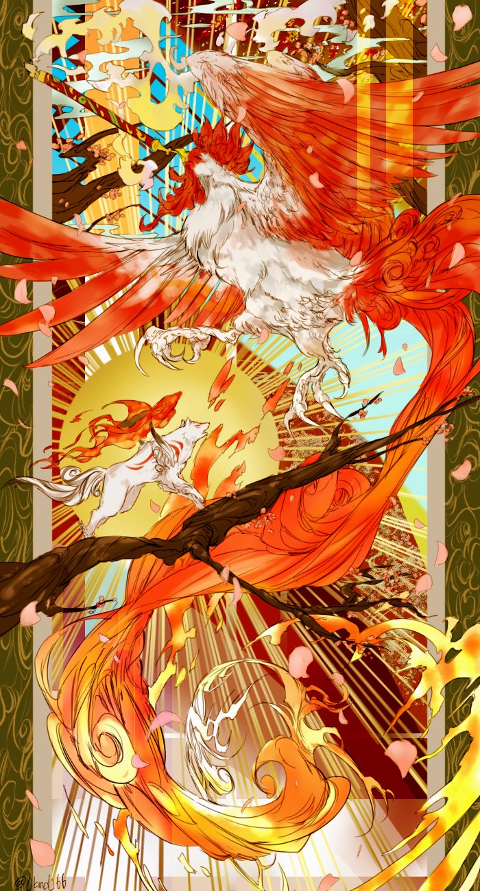 amaterasu animal bird canvas_(object) chicken highres mythological_creature ookami ookami_(game) sun tree tree_branch wolf